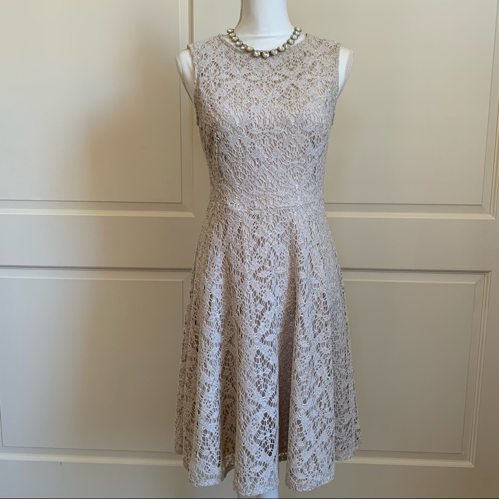 London Times Crochet Knit Cream Sleeveless Dress